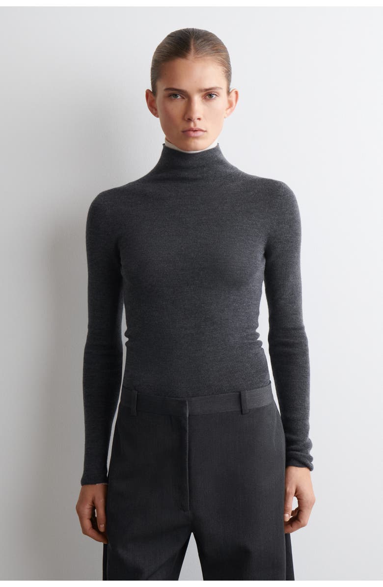 COS Seamless Merino Wool Turtleneck Long-Sleeved Top, Main, color, Charcoal Mélange