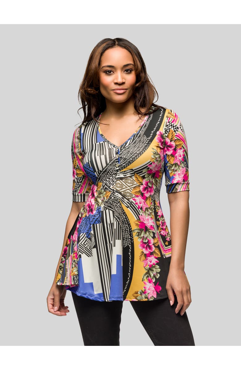 24seven Comfort Apparel Multicolor Floral Print Elbow Sleeve V Neck Henley Tunic Top, Main, color, Blue Multi
