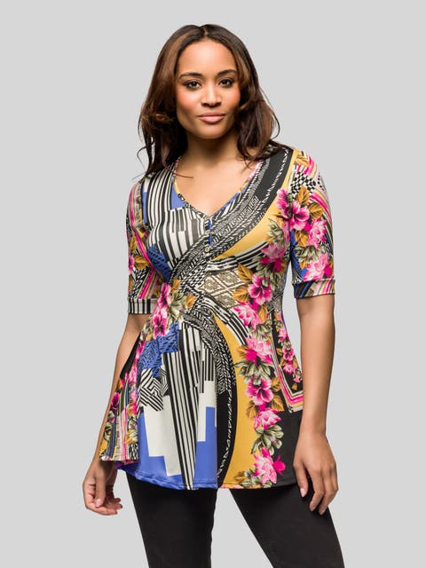 Multicolor Floral Print Elbow Sleeve V Neck Henley Tunic Top