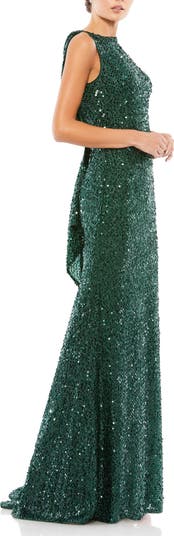 Cowl Back Boat Neck Sequined Evening Gown