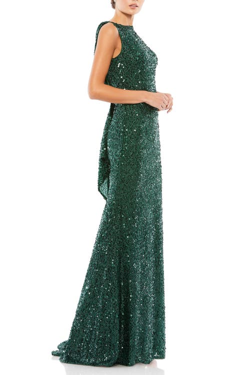 Mac Duggal Cowl Back Boat Neck Sequined Evening Gown In Emerald