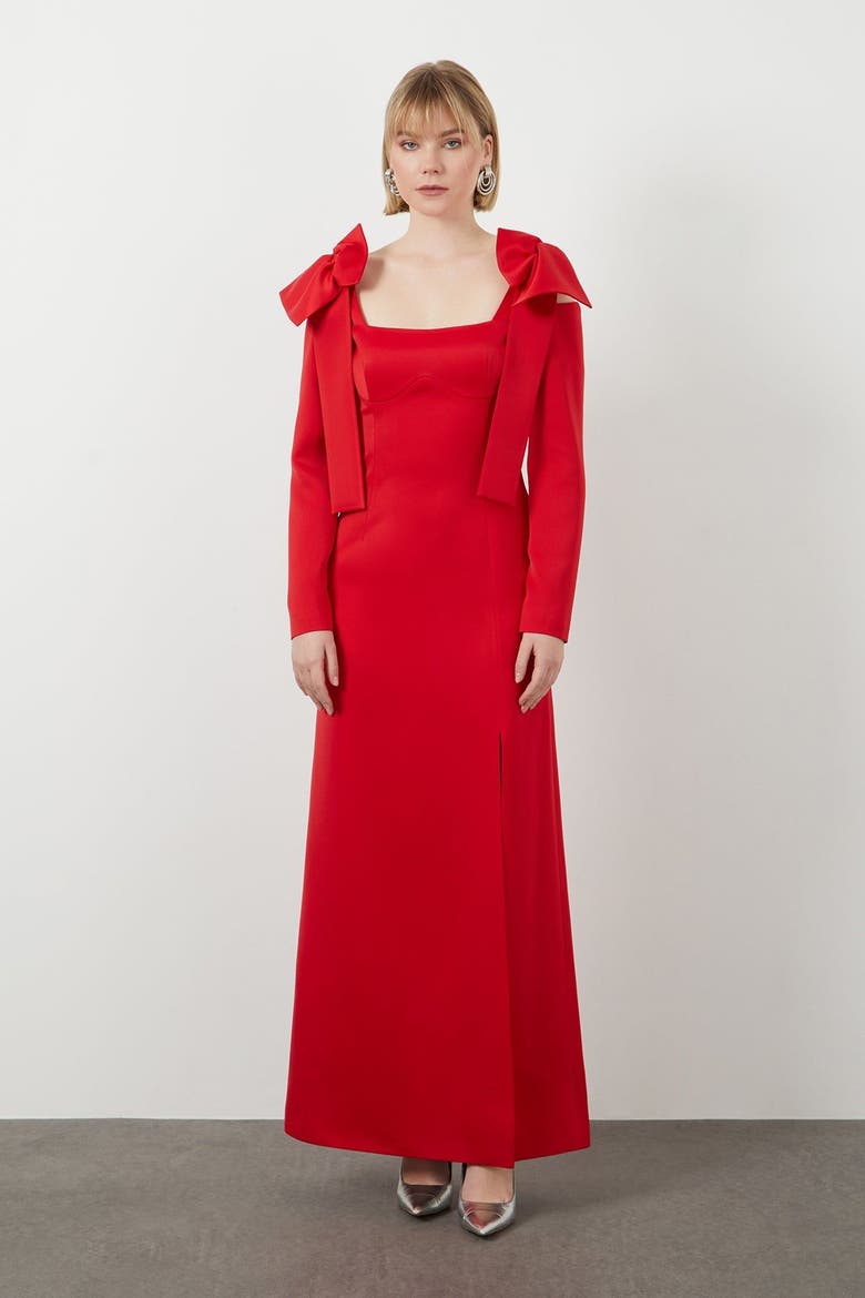 Shoulder Bow Detail Lined Formal Red Dress, Alternate, color, Red