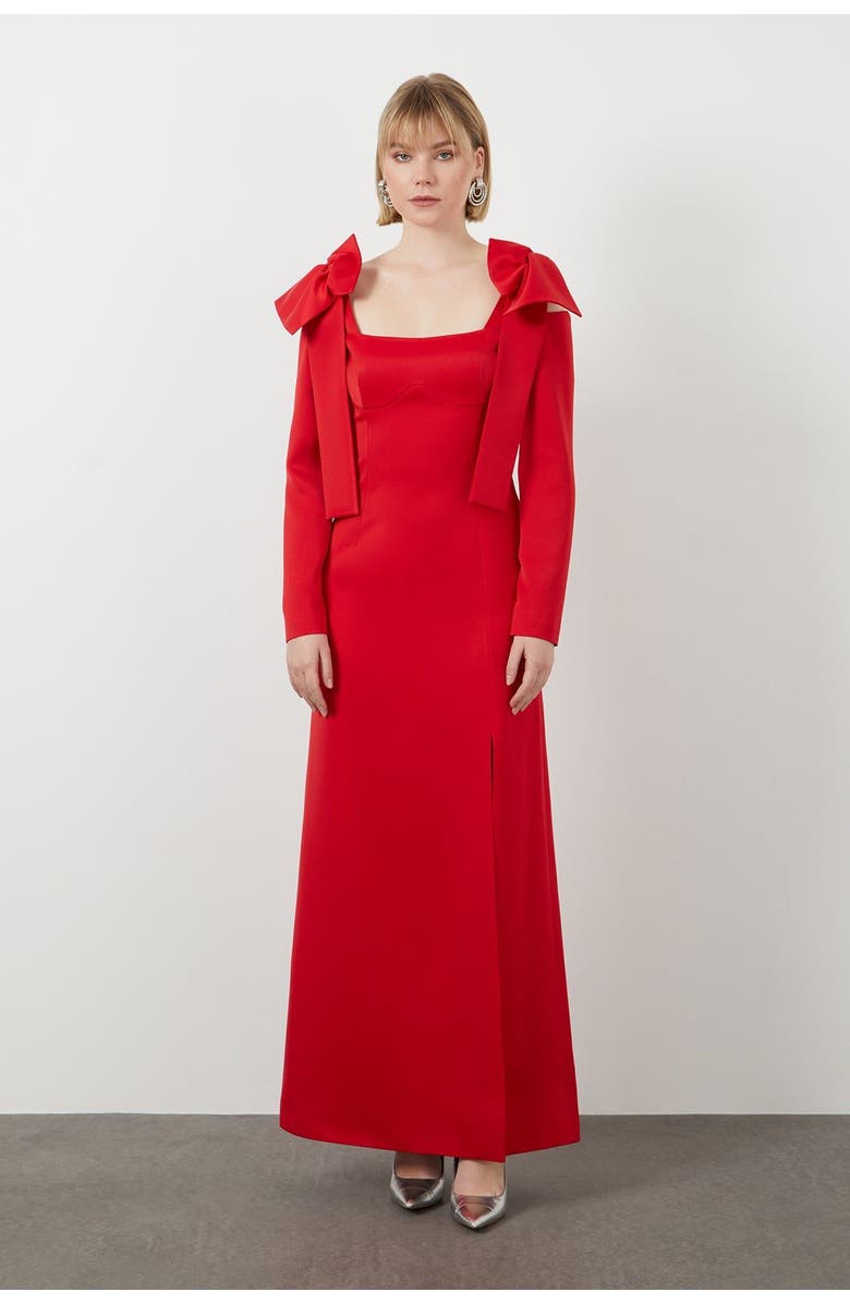 Gizia Shoulder Bow Detail Lined Formal Red Dress, Alternate, color, Red