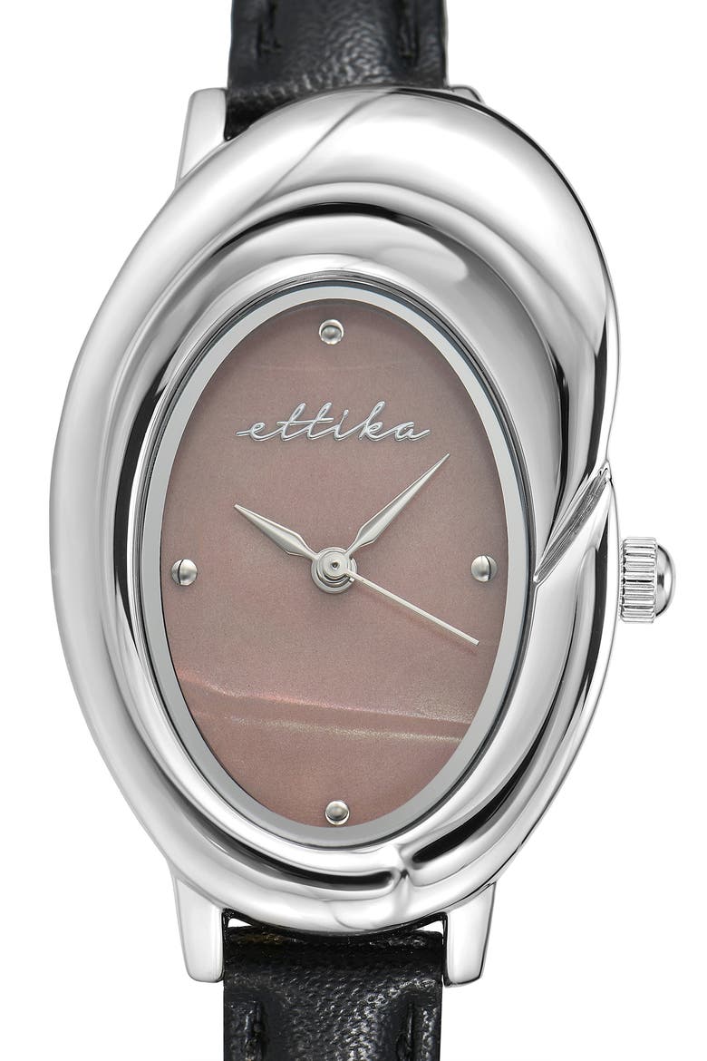 Sculpted Oval Leather Strap Watch, Alternate, color, BLACK AND SILVER