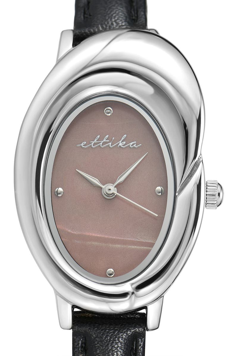 Ettika Sculpted Oval Leather Strap Watch, Alternate, color, Black And Silver