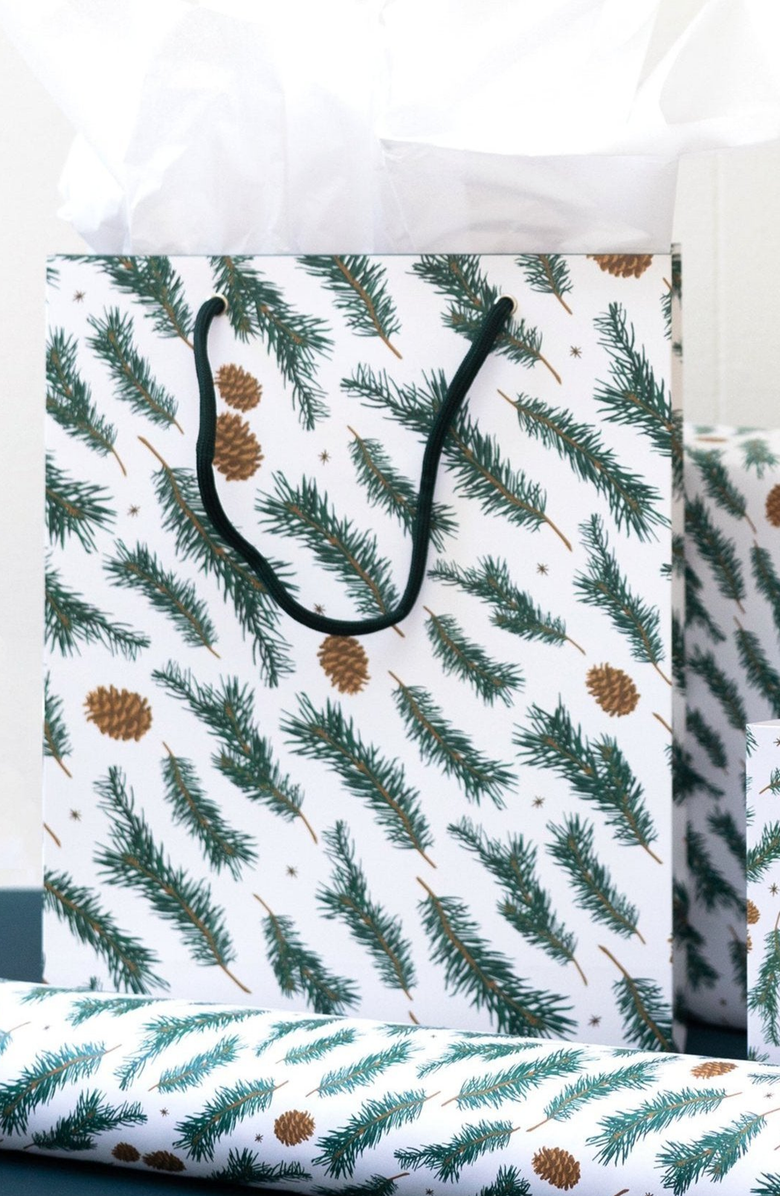Joy Paper Co. Pine Pattern Holiday Gift Bag and Card Set, Alternate, color, Pine Pattern
