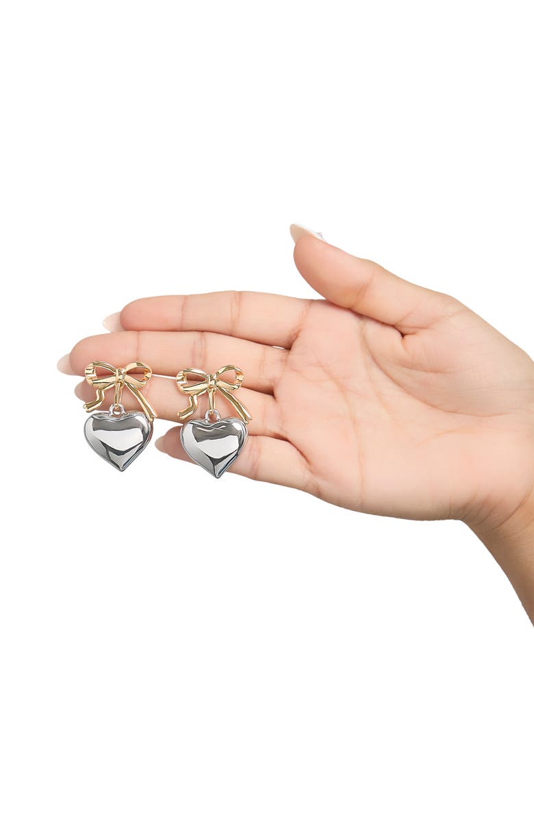 BCBG Generation Silver Heart Drop Earrings with Gold Bow Accent, Alternate, color, Silver