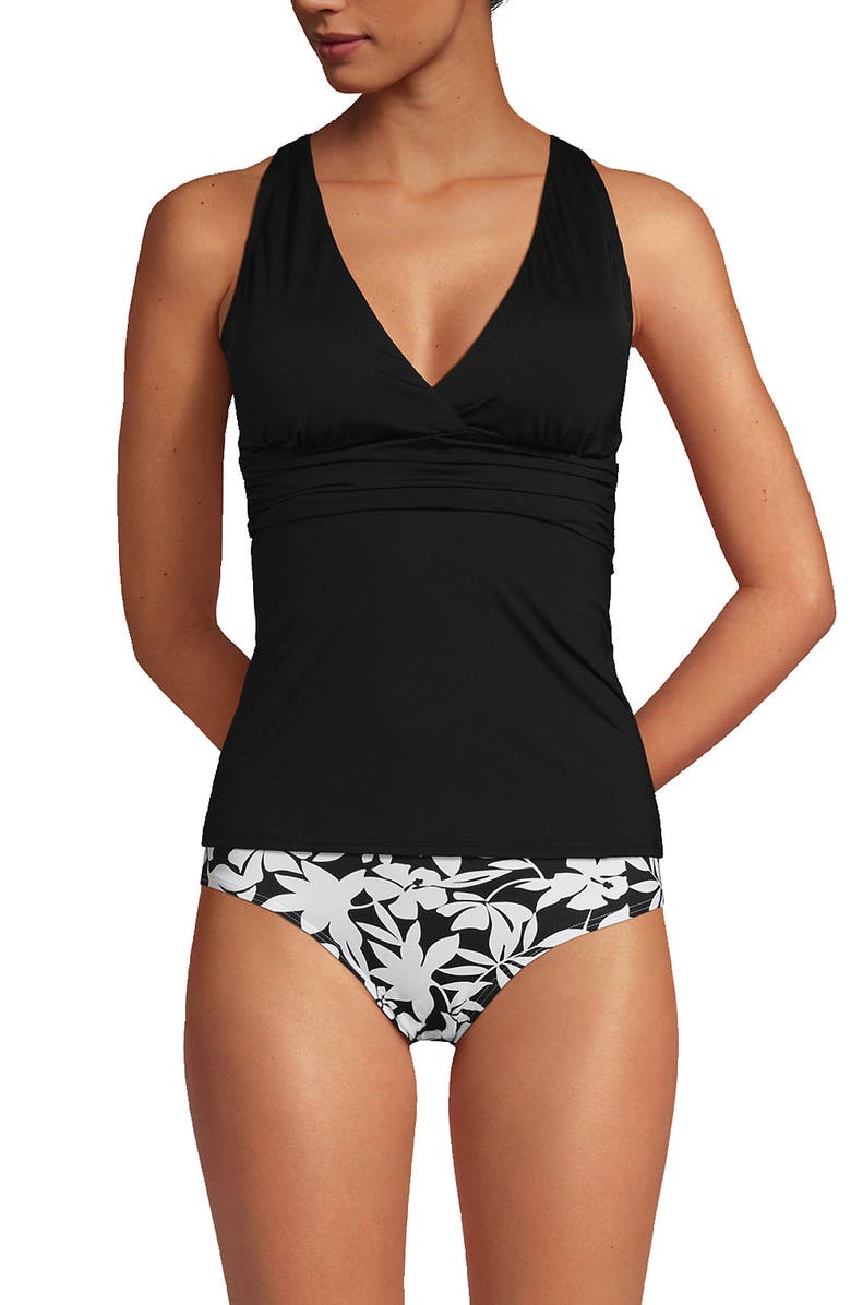 Lands' End Chlorine Resistant Plunge X-Back Tankini Swimsuit Top, Alternate, color, Black