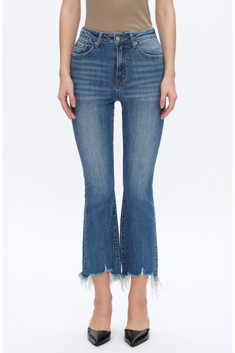 High Waist Fray Hem Ankle Flare Jeans, Main, color, MEDIUM BLUE