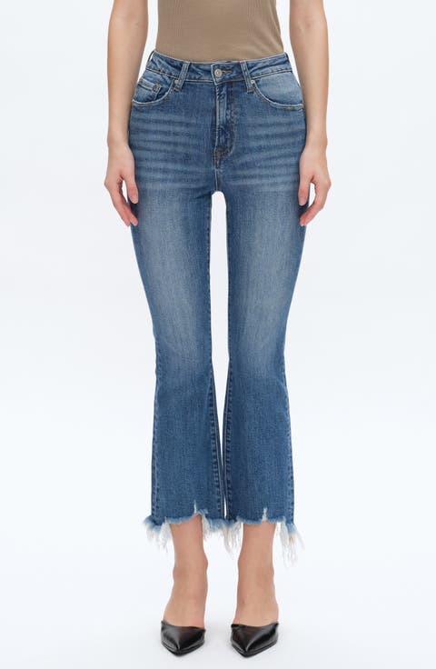 High Waist Fray Hem Ankle Flare Jeans