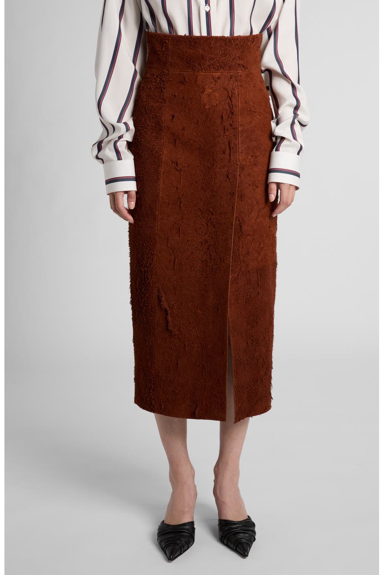 Distressed High Waist Suede Pencil Skirt, Main, color, BROWN