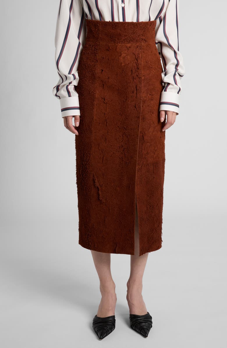 McQueen Distressed High Waist Suede Pencil Skirt, Main, color,