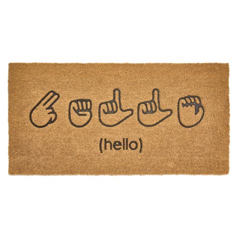 American Sign Language ASL Hello Coir Doormat, Natural/Black