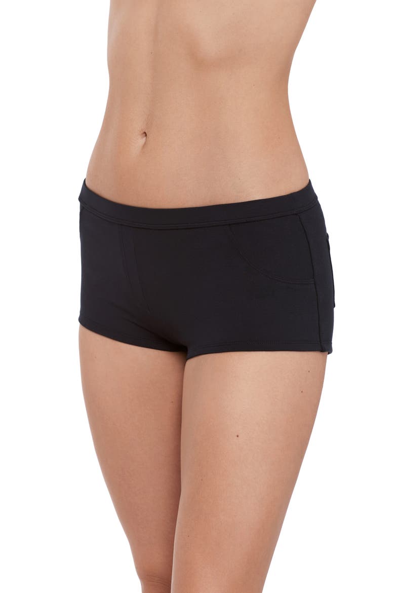 Hip Hugger Shorty Swim Shorts, Alternate, color, BLACK
