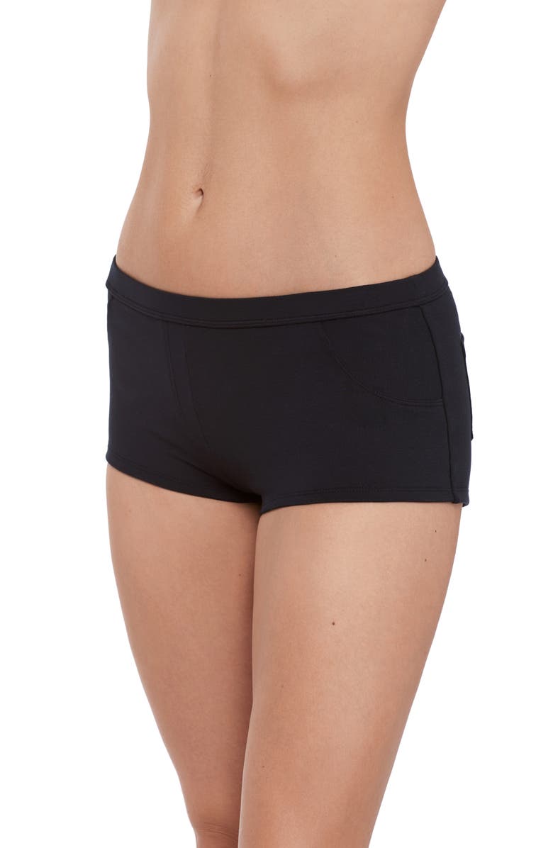 Steve Madden Hip Hugger Shorty Swim Shorts, Alternate, color, Black
