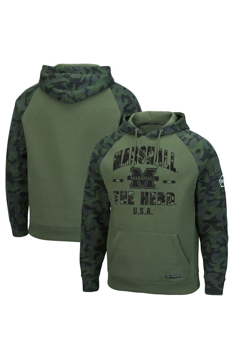 COLOSSEUM Men's Colosseum Olive/Camo Marshall Thundering Herd OHT Military Appreciation Raglan Pullover Hoodie, Main, color, 