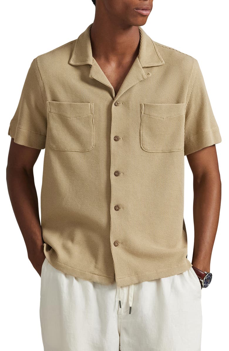Polo Ralph Lauren Waffle Knit Cotton & Linen Camp Shirt, Main, color, Coastal Beige