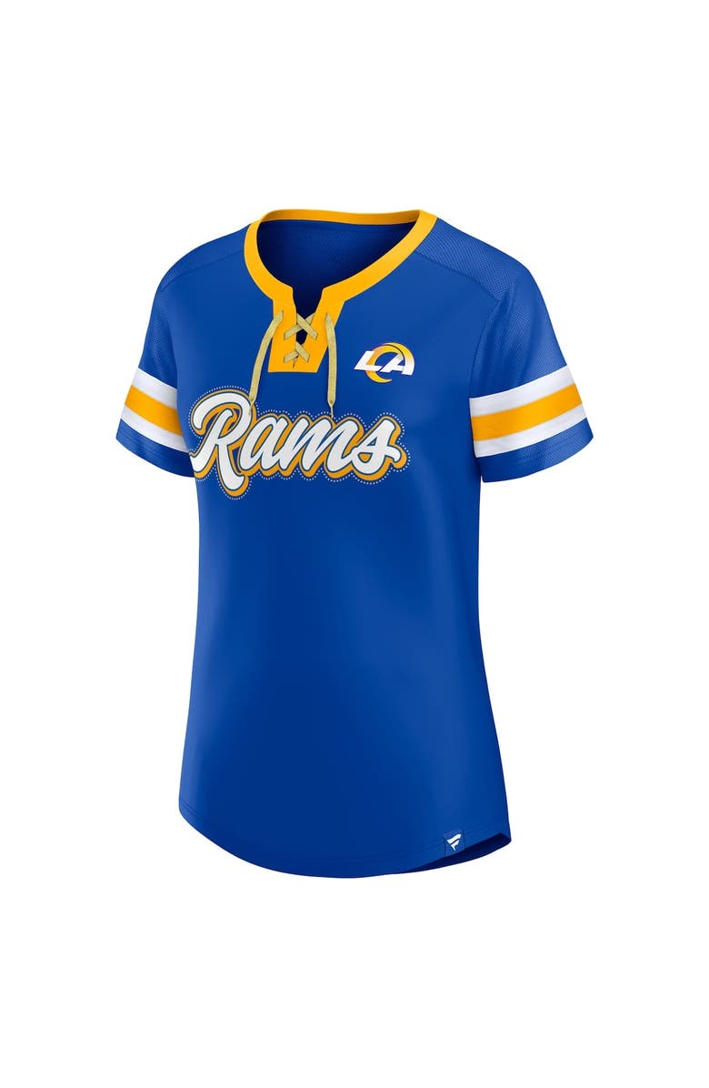 FANATICS Women's Fanatics Royal Los Angeles Rams True Catch Iconic Rhinestone Bling Athena Lace-Up T-Shirt, Alternate, color, Royal