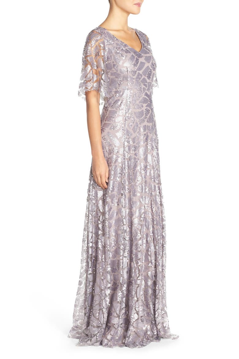 'Camilla' Sequin Flutter Sleeve Gown, Alternate, color, GREY RIDGE