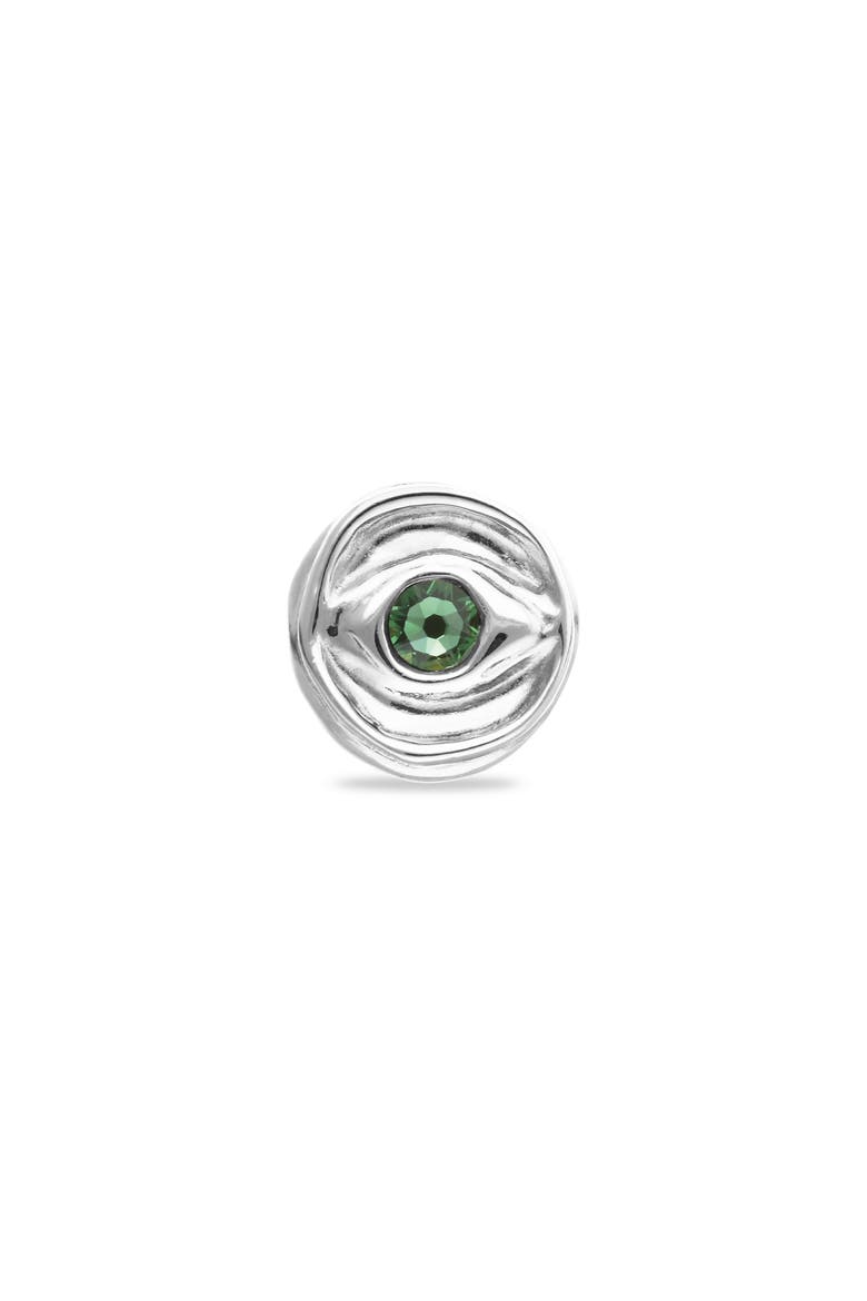 Sterling Silver Plated Signet Ring in the Shape of an Eye with Green Faceted Crystal, Main, color, Silver