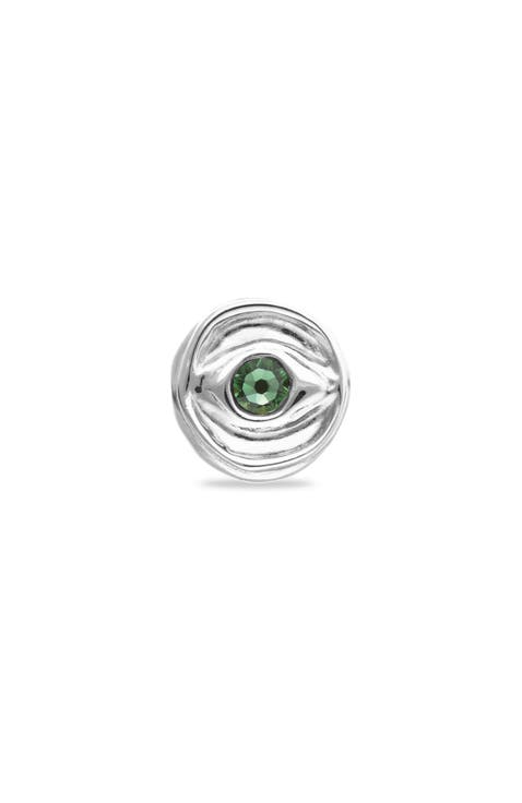 Sterling silver plated signet ring in the shape of an eye with green faceted crystal
