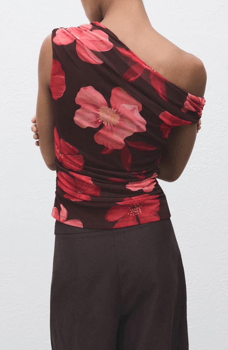 MANGO Floral Asymmetric One-Shoulder Top, Alternate, color, Brown