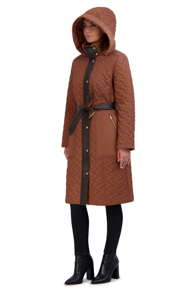Leather Trim Hooded Quilted Coat, Alternate, color, PECAN