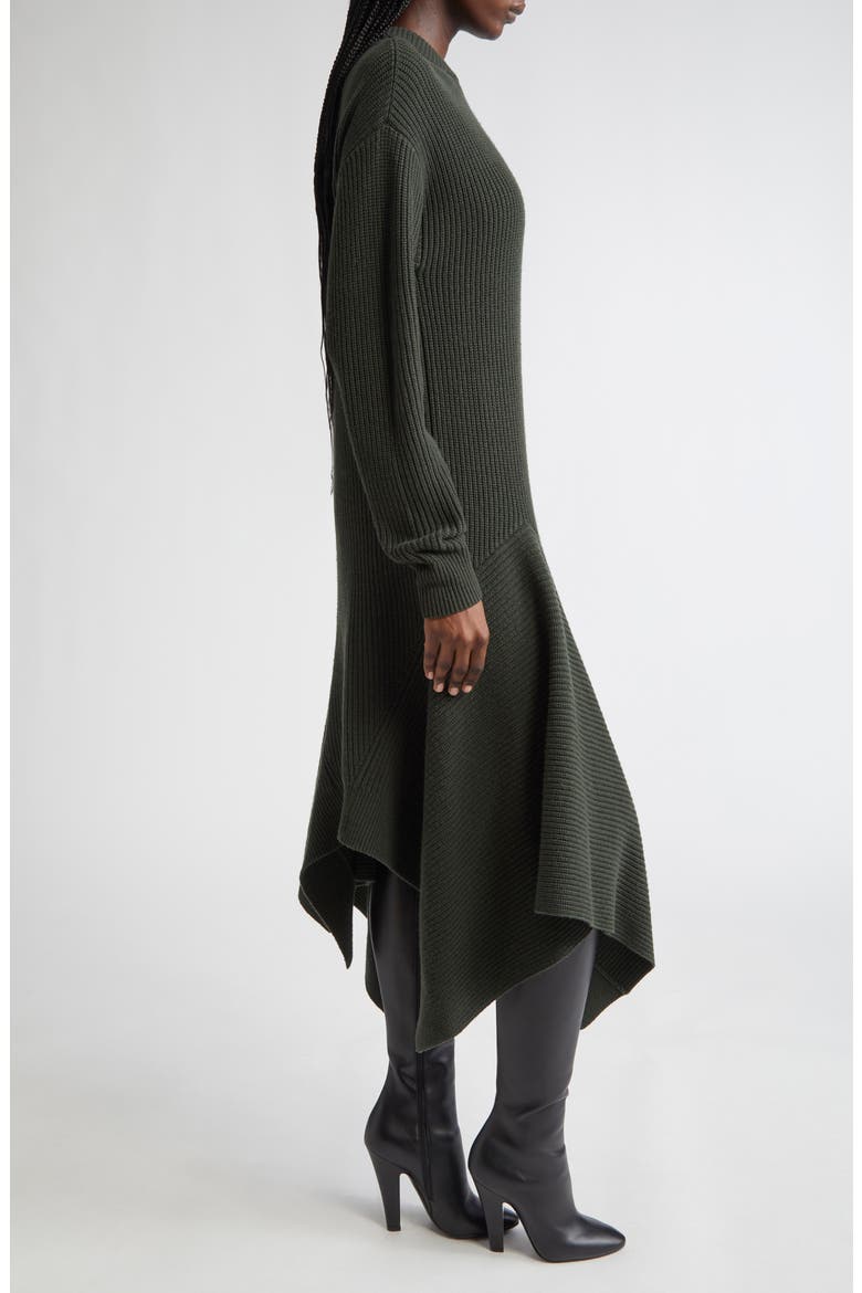 Handkerchief Hem Long Sleeve Cashmere Rib Sweater Dress, Alternate, color, BOTTLE