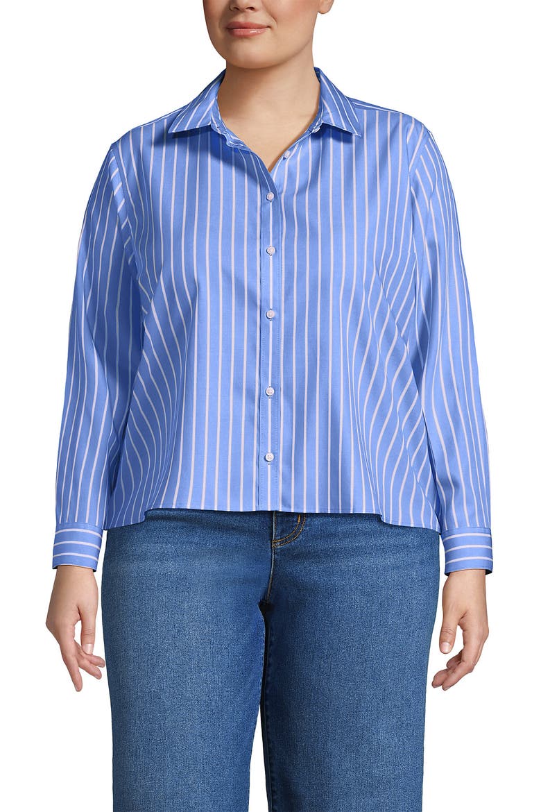 Plus Size No Iron Boxy Cropped Shirt, Main, color, Blue/Sunset Coral Stripe