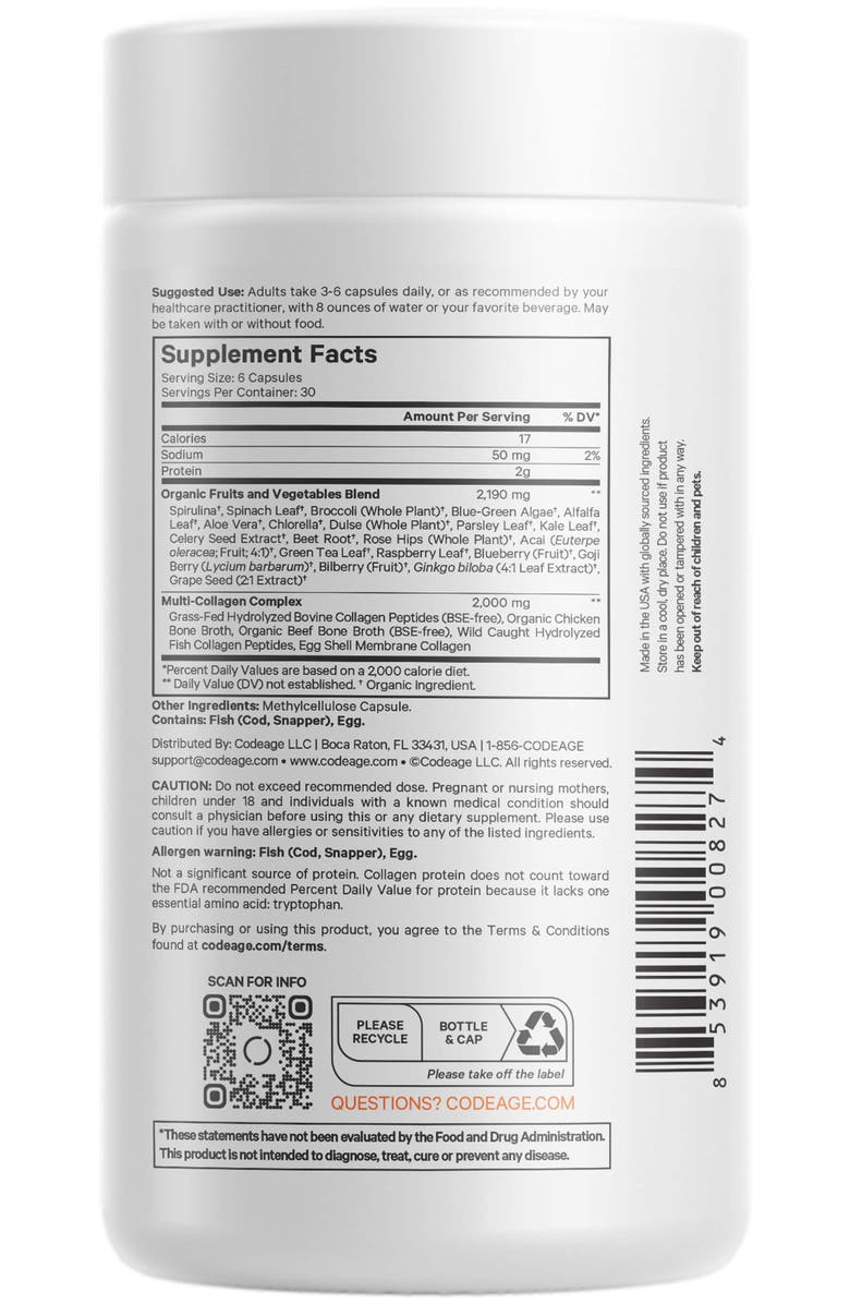 Codeage Multi Collagen Protein + Raw Greens Capsules Supplement, Alternate, color, White