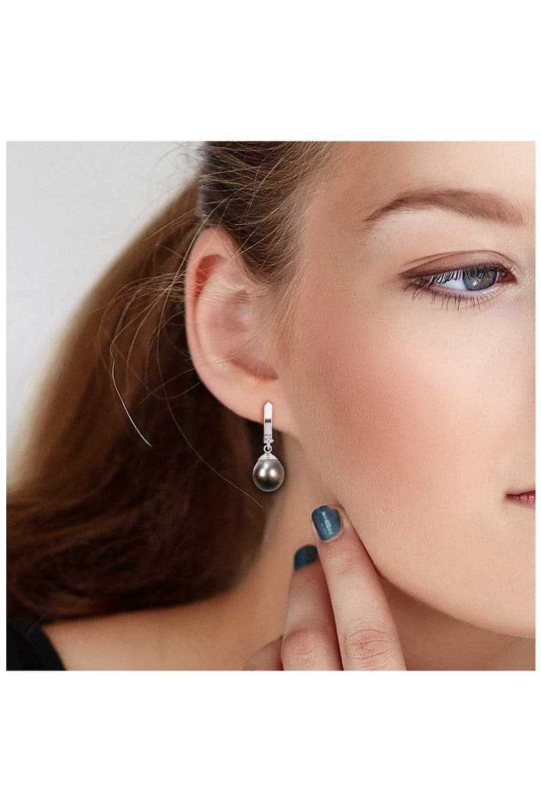 14K White Gold Cultured Black Tahitian Pearl Drop Huggie Hoop Earrings, Alternate, color, BLACK
