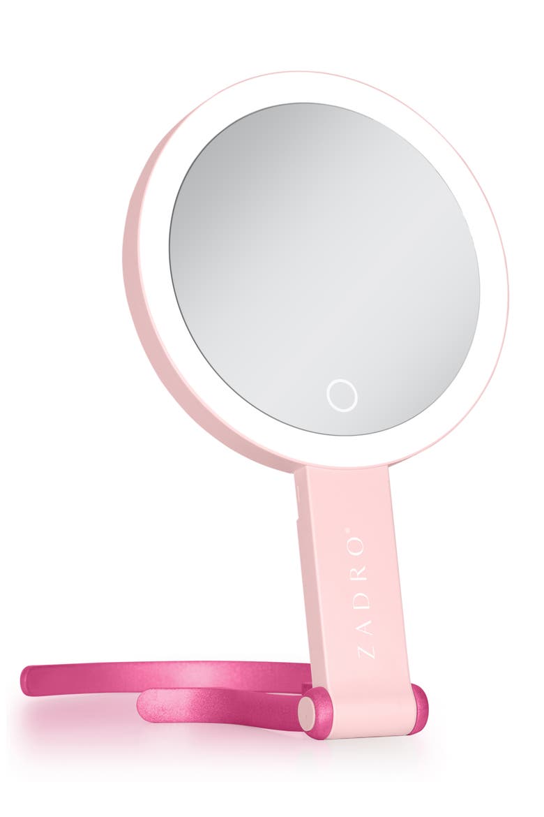 Multi-Position Lighted Travel Hand Mirror with 10X/1X Magnification, Main, color, Pink/Pink