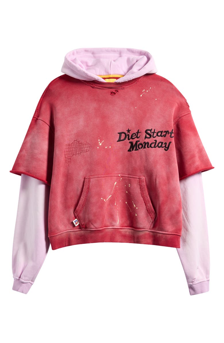 DIET STARTS MONDAY Double Layer Distressed Hoodie, Alternate, color, Washed Red/Pink