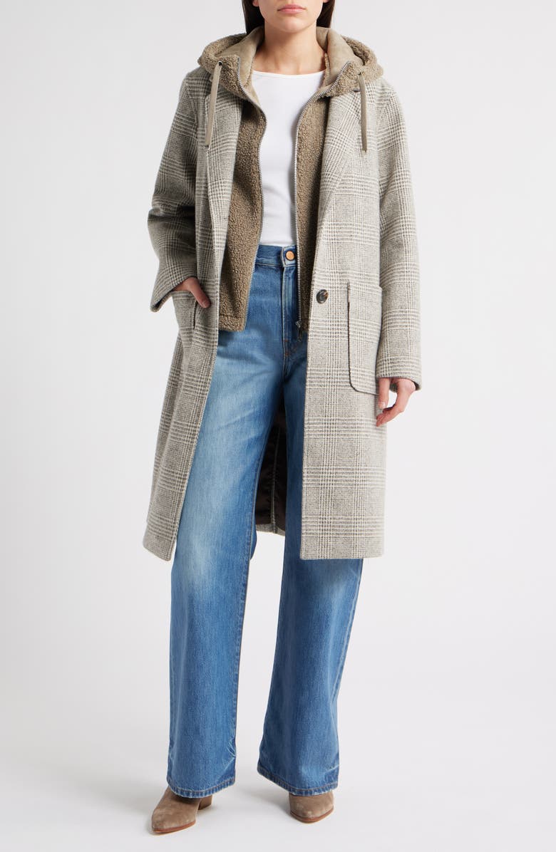 Sam Edelman Longline Coat with Inset Faux Shearling Bib, Alternate, color, Brown/ Cream