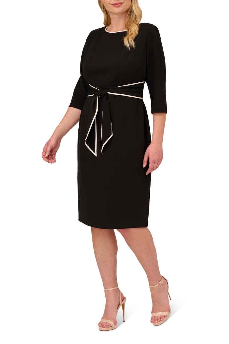 Tipped Tie Waist Crepe Dress, Alternate, color, BLACK/ IVORY