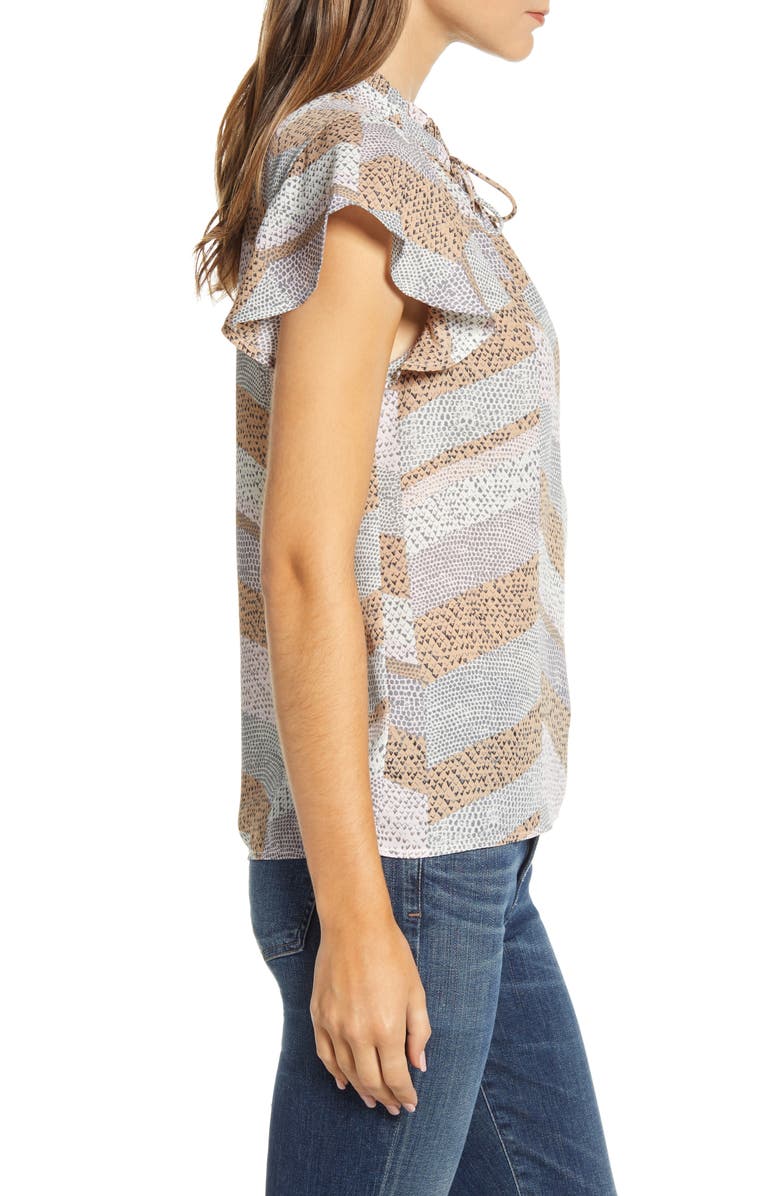 Bobeau Print Tie Neck Flutter Sleeve Top, Alternate, color, 