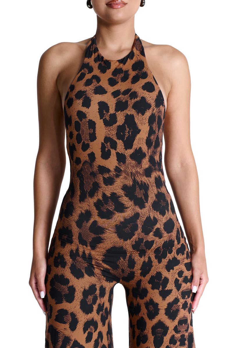 Naked Wardrobe Leopard Print Wide Leg Halter Jumpsuit, Alternate, color,