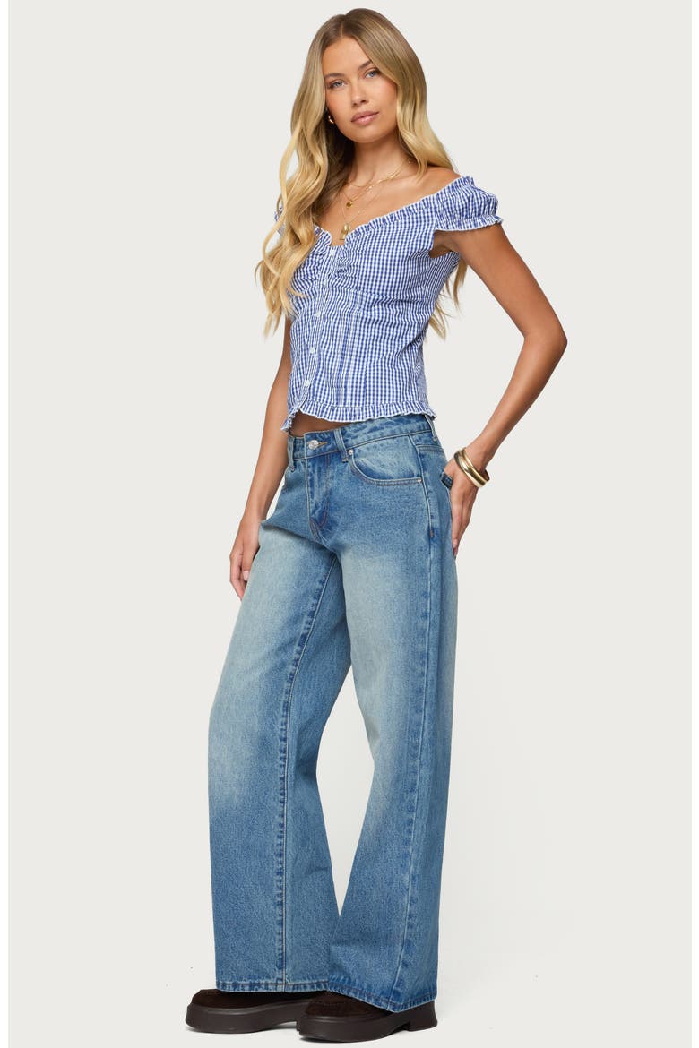 Dorothie Gingham Ruffle Crop Cotton Button-Up Shirt, Alternate, color, NAVY