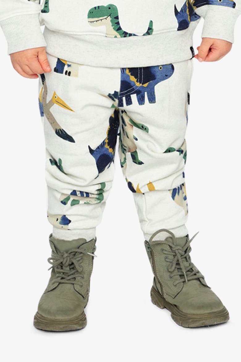 Dinosaur Fleece Drawstring Waist Ribbed Cuff Sweatpants, Alternate, color, Beige Dinosaur Print