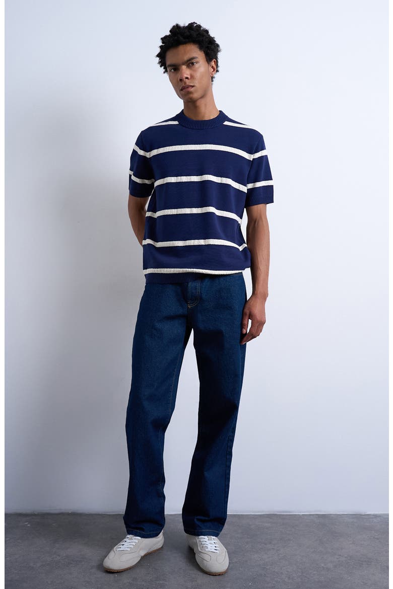 Textured Stripe Short Sleeve Crewneck Sweater, Alternate, color, NAVY