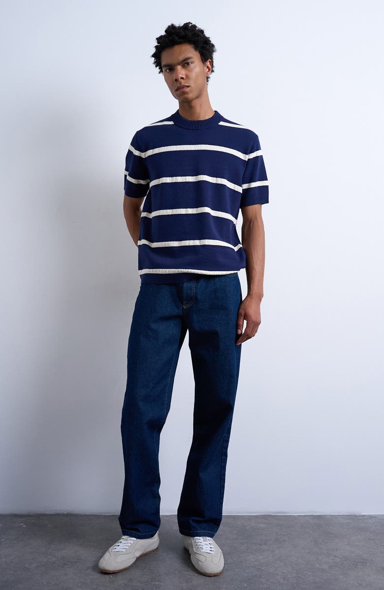 Topman Textured Stripe Short Sleeve Crewneck Sweater, Alternate, color, Navy
