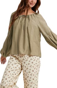 WISHLIST Balloon Sleeve Tie Neck Blouse