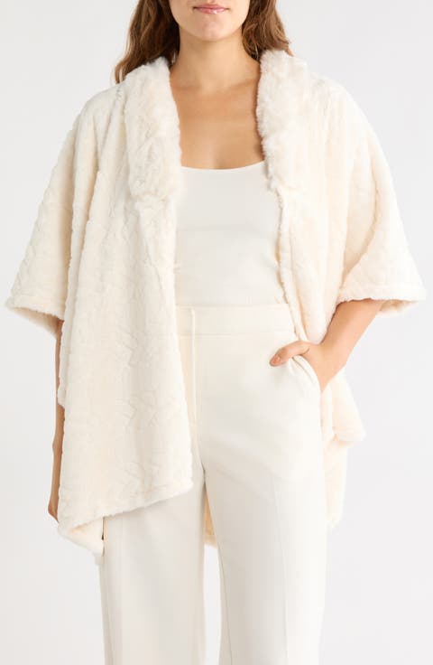 Ribbed Cardigan Poncho with Faux Fur Collar