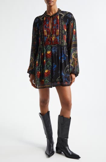 Shop Farm Rio Mixed Arabesque Scarves Print Long Sleeve Minidress In Black Arabesque