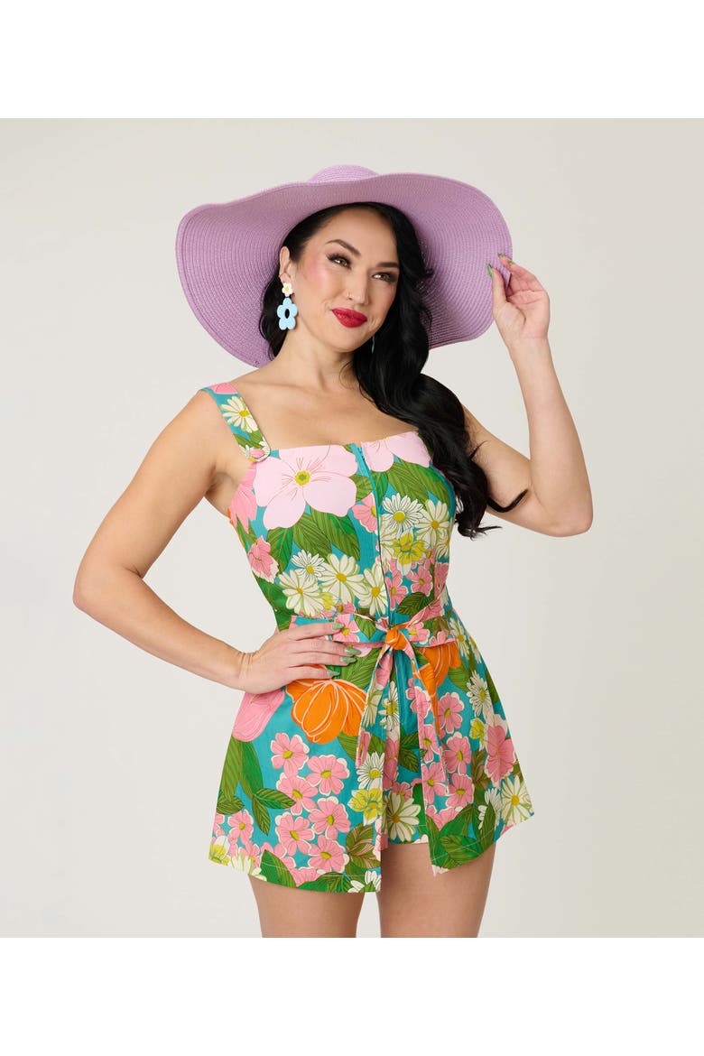 1960s Sweet & Sassy Skirted Romper, Main, color, Green Floral Print