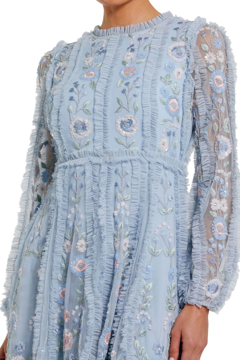 Floral Mesh Long Sleeve Micro Ruffle Mini Dress, Alternate, color, Powder Blue