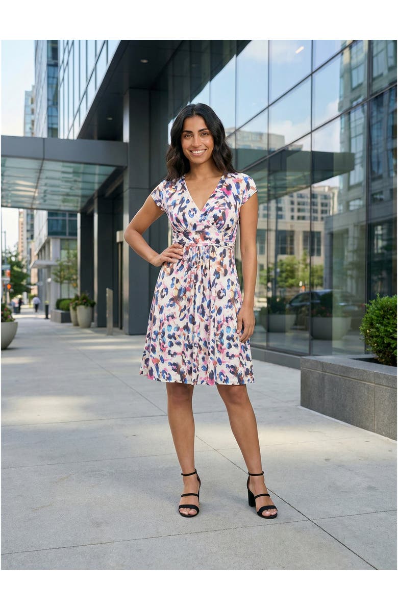 24seven Comfort Apparel Essential Petite Animal V-Neck Cap Sleeve Knee Length A-Line Pocket Dress, Alternate, color, White Multi