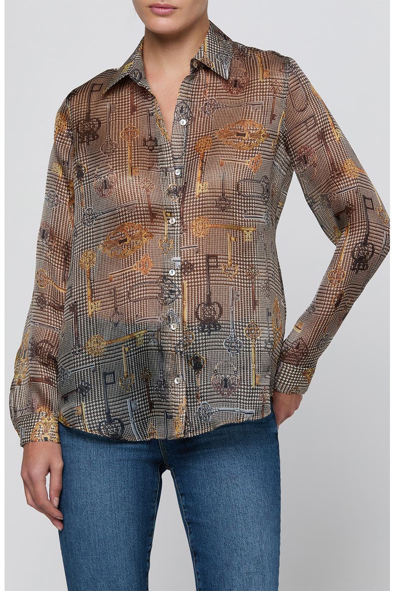 Nina Silk Shirt, Main, color, BROWN MT HOUNDSTOOTH KEY