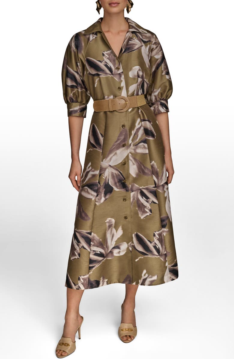 Donna Karan New York Print Belted Midi Shirtdress, Main, color, Smoky Olive