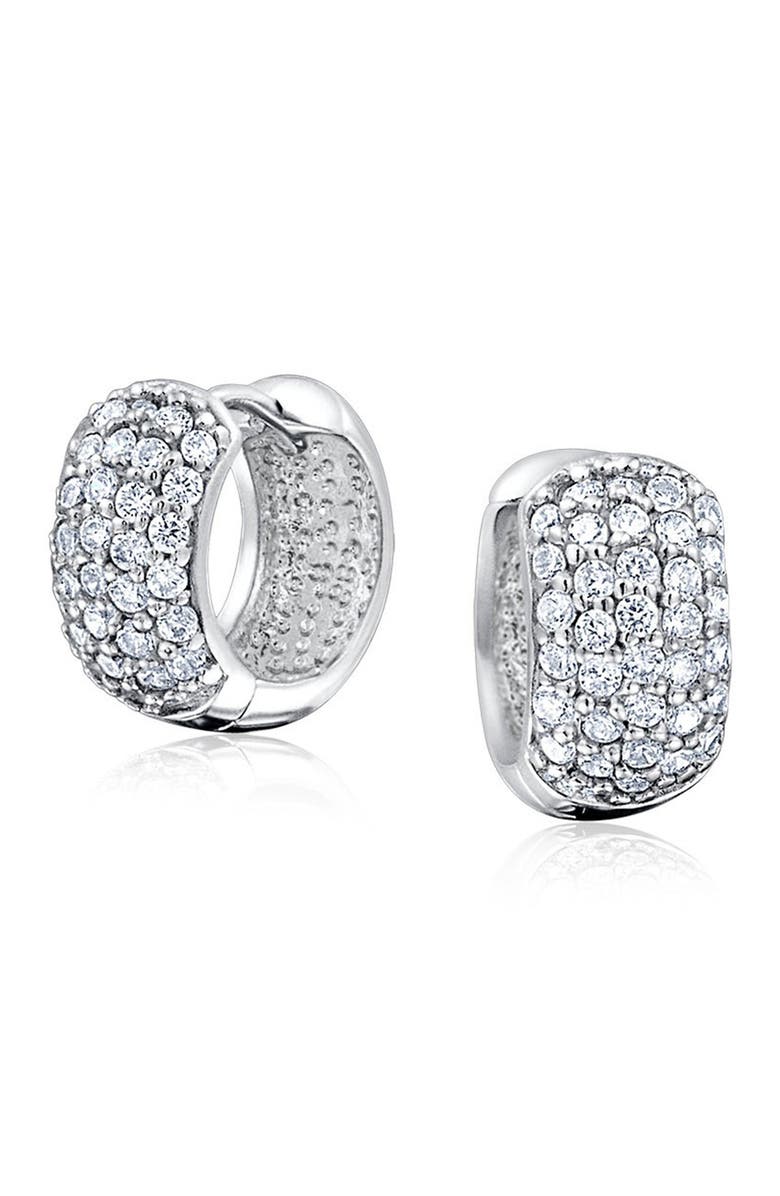 BLING JEWELRY Rhodium Plated CZ Pave Huggie Earrings, Main, color, 